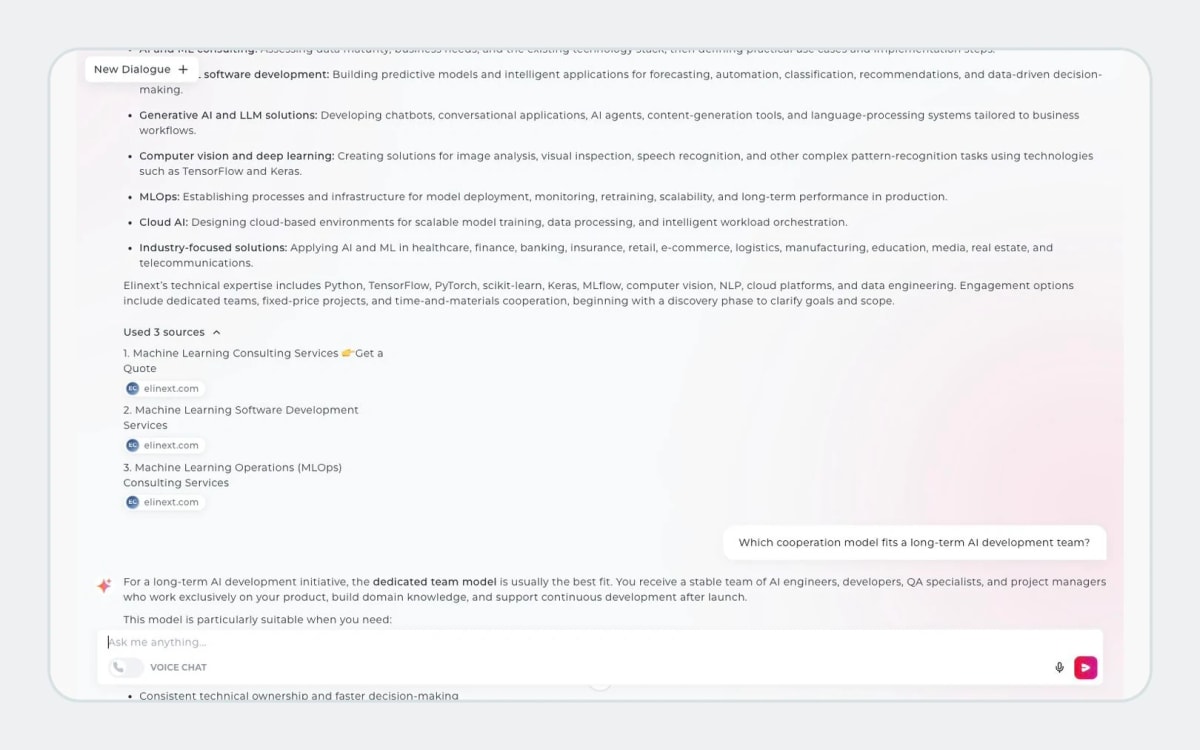 A real chatbot conversation with a company-information answer and a contextual follow-up