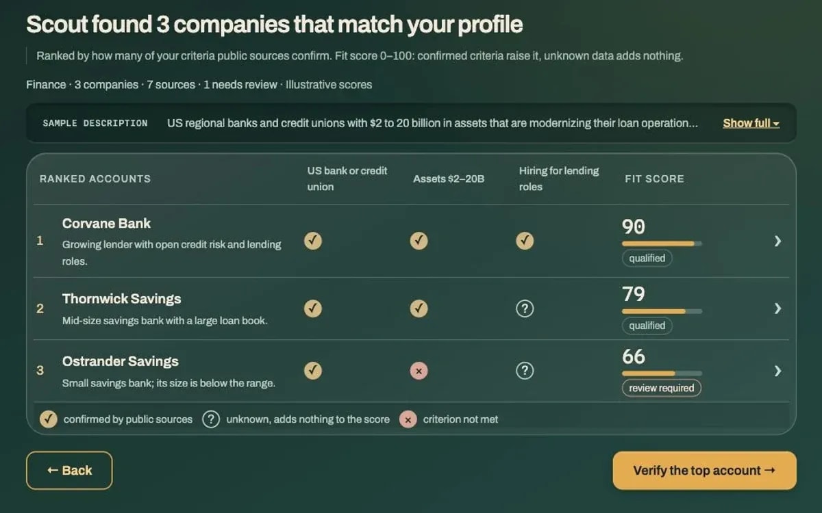 Scout Finance sample with ranked banks, criterion checks and fit scores in the Match matrix