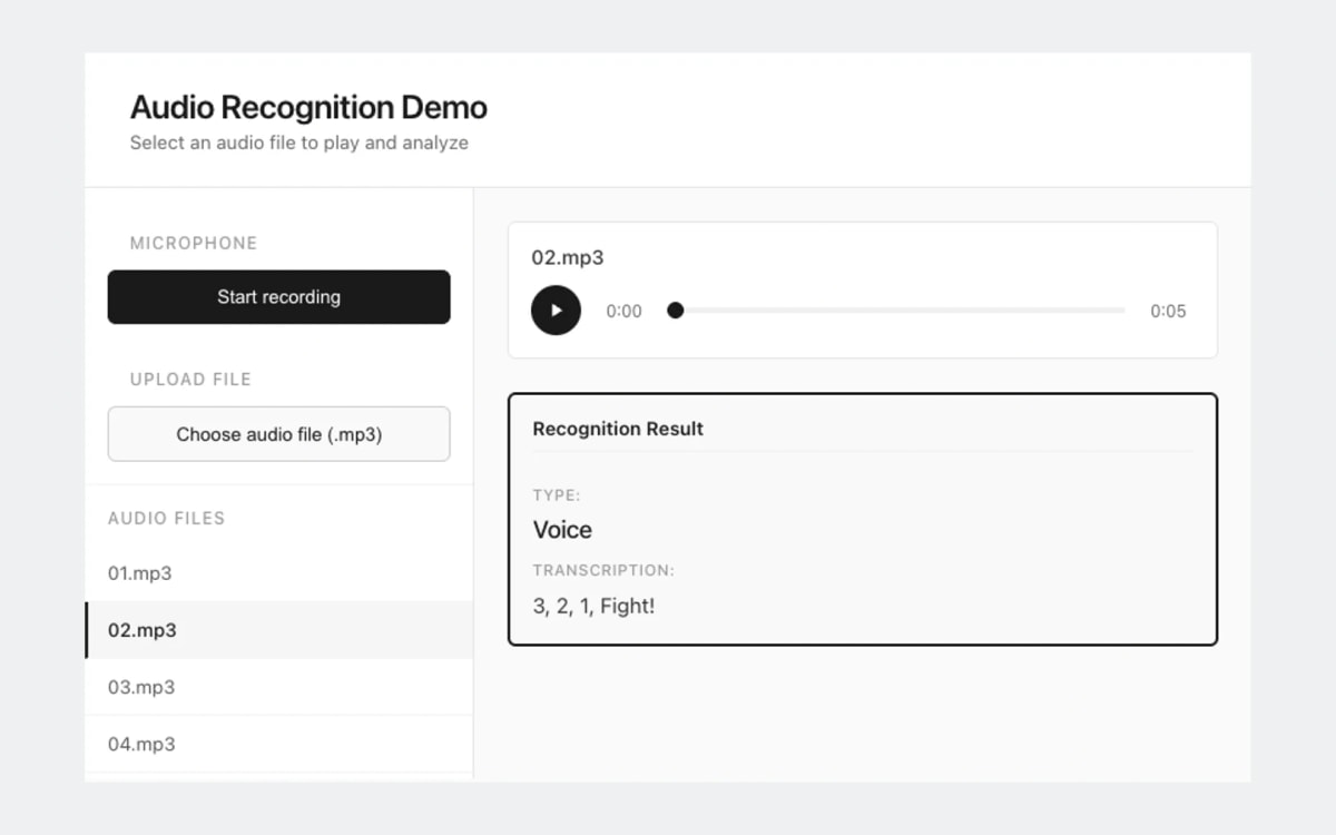 The demo input panel with microphone recording, audio file upload, and built-in sample clips