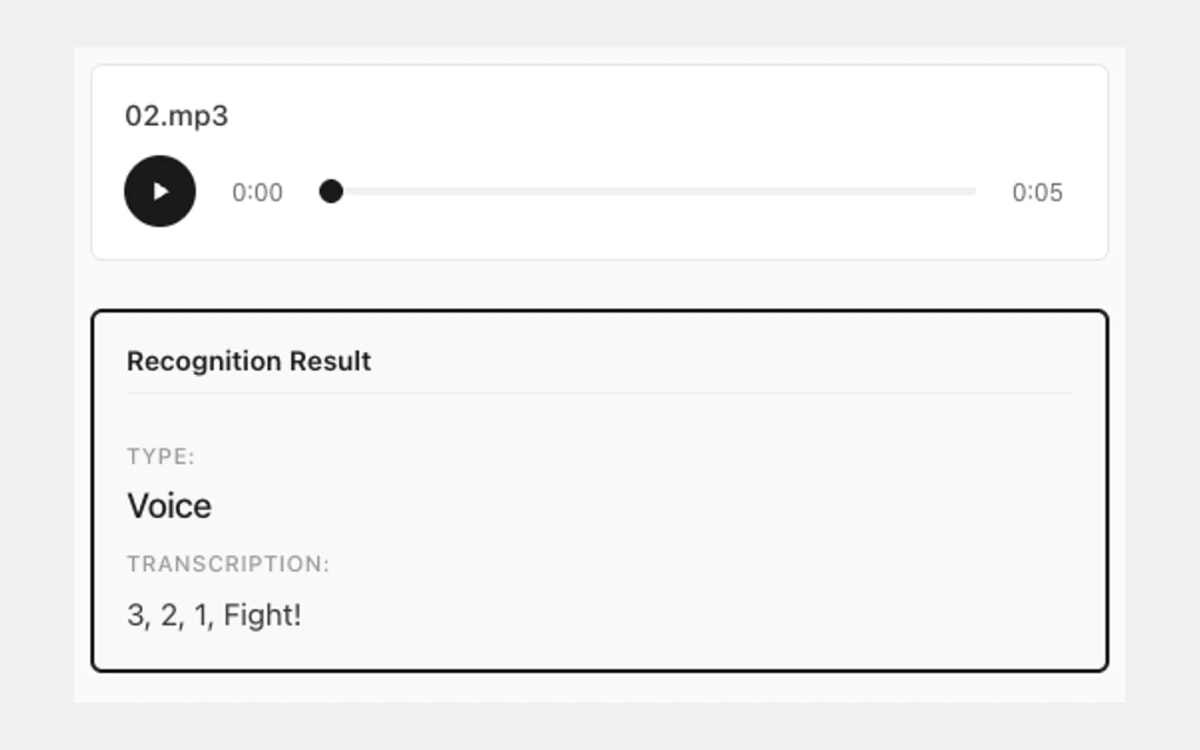 A real speech sample selected in the audio demo, with its player and recognized transcript