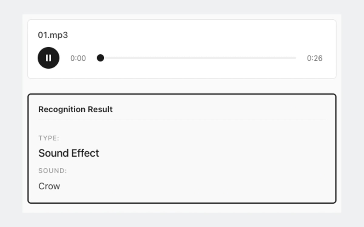 The audio player and recognition result identifying the built-in sample as a Crow sound effect