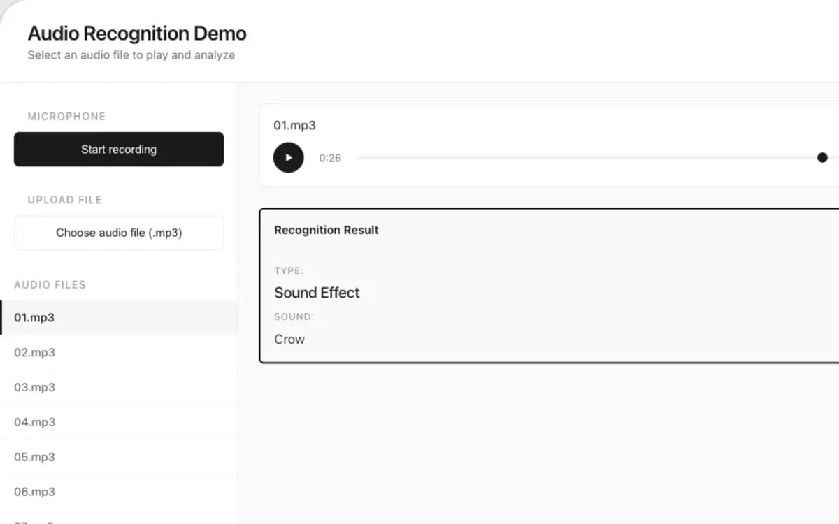 An audio workspace with recording controls, sample files, a player and a crow sound recognition result