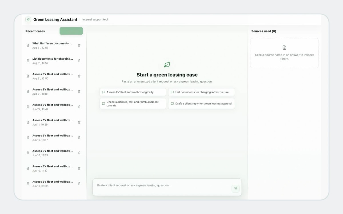 The real Green Leasing Assistant workspace with example questions and a leasing case