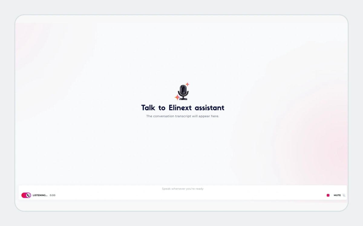 Elinext assistant in active voice mode with the transcript area, Listening status, and mute and stop controls