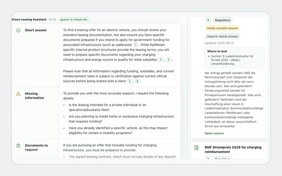 The real Green Leasing Assistant response with its cited source cards