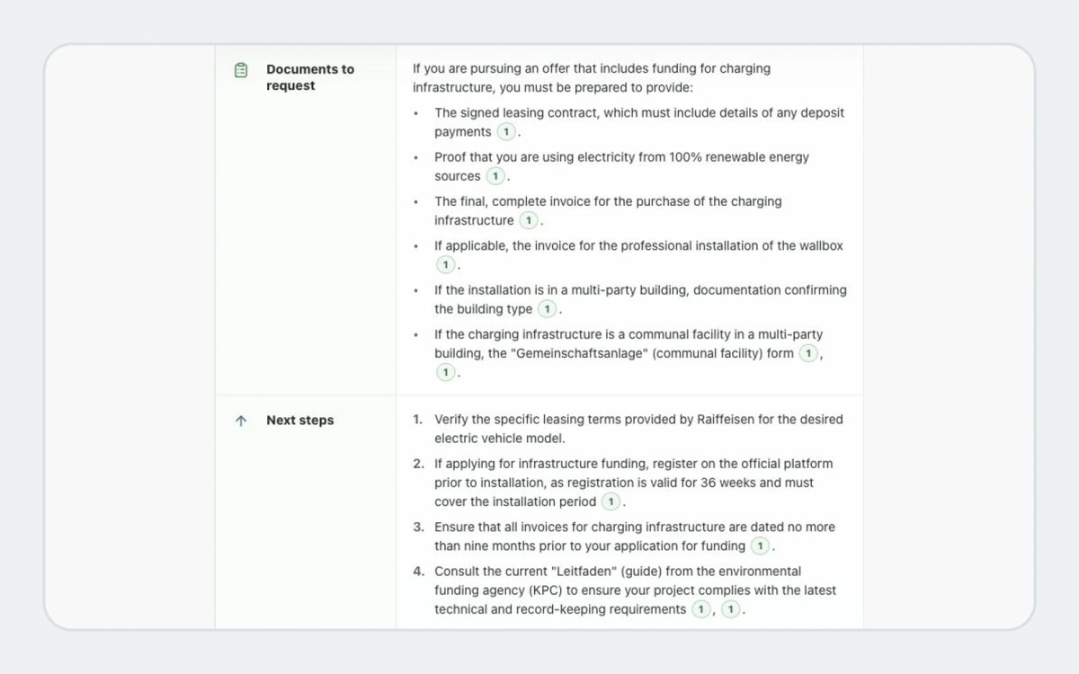 An actual Green Leasing Assistant checklist and next steps with the response status visible