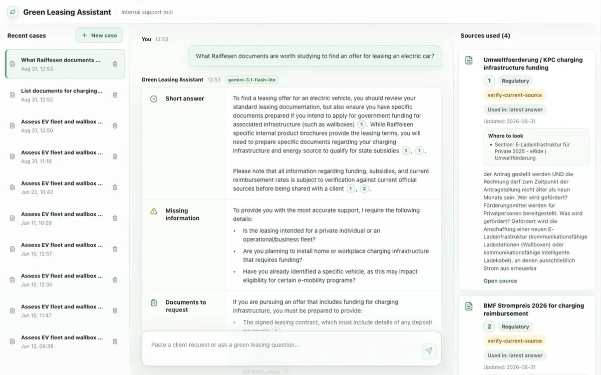 A green leasing workspace with case history, a cited answer, a document checklist and source panels