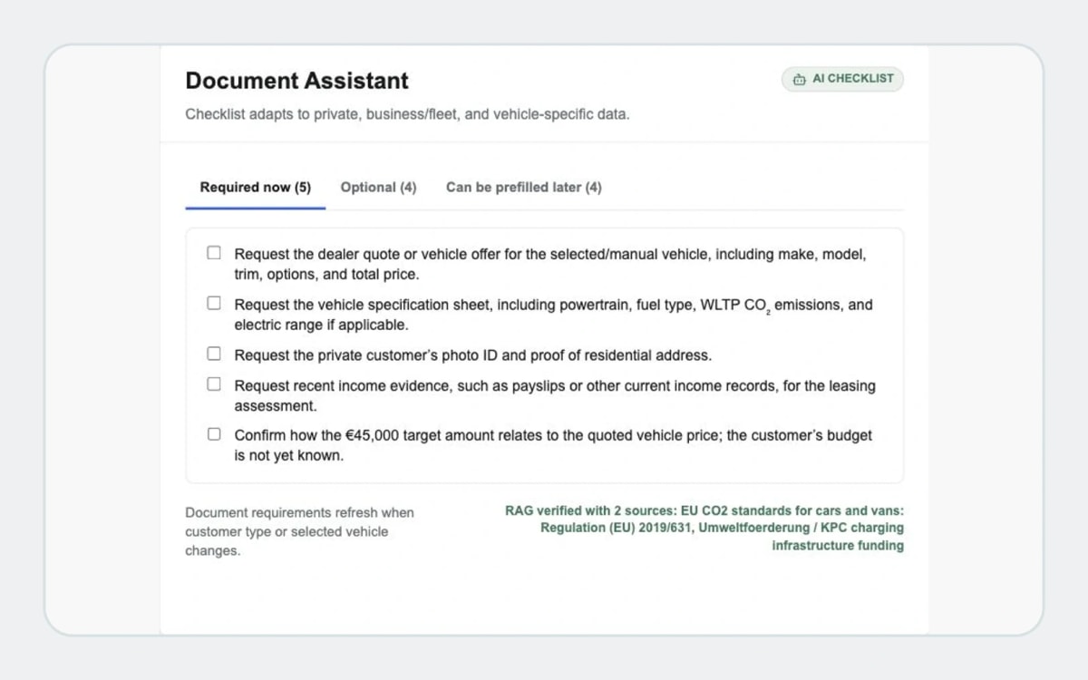 Leasing Advisor document checklist with required documents and cited sources
