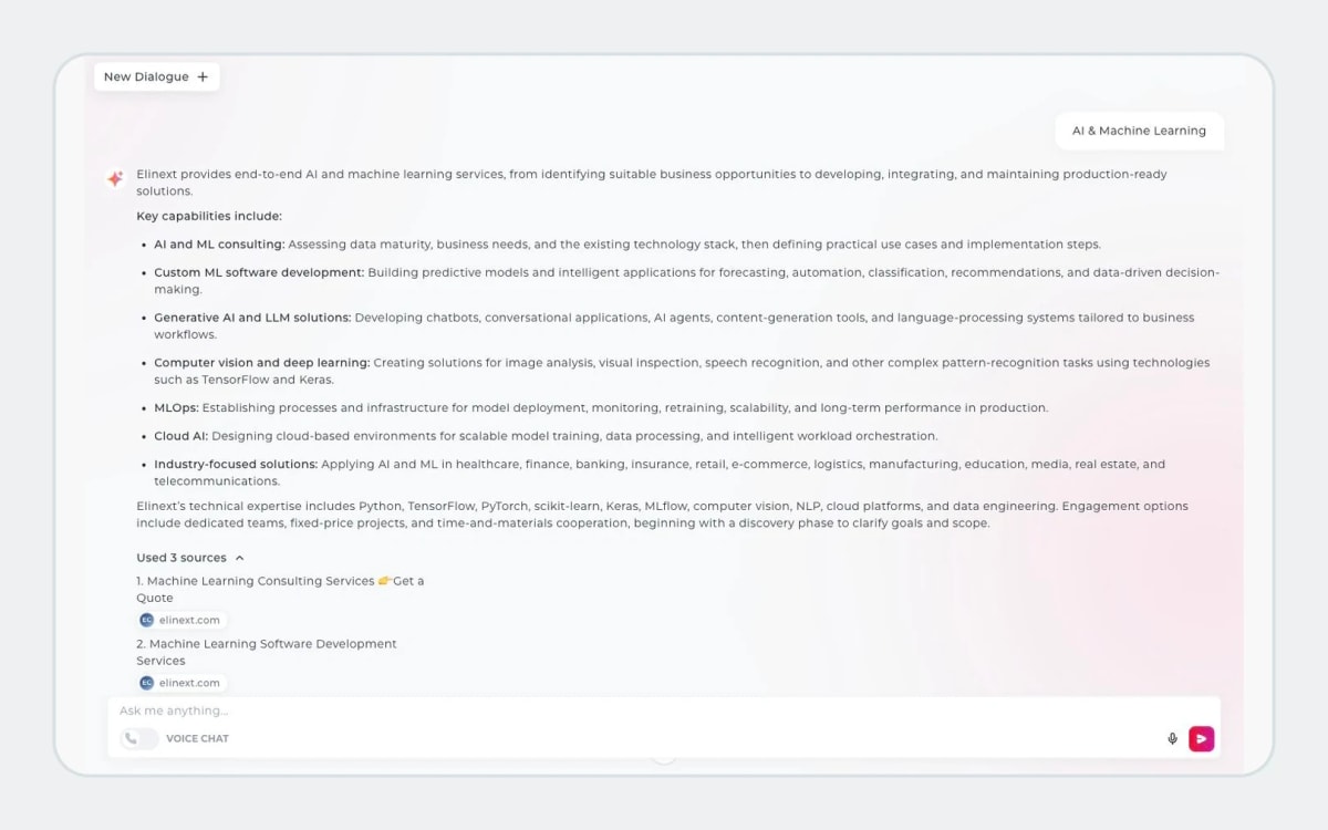 The real chatbot answer showing its available source references and response controls