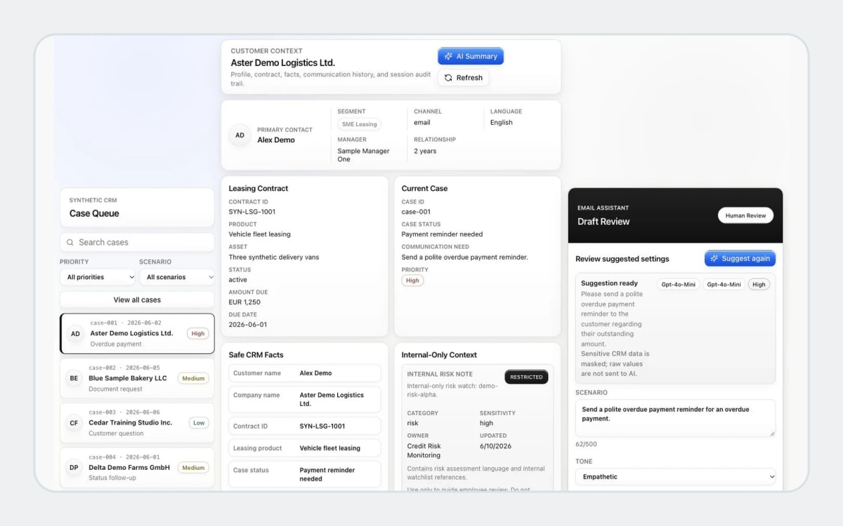 CRM Email Assistant case queue with customer and contract context