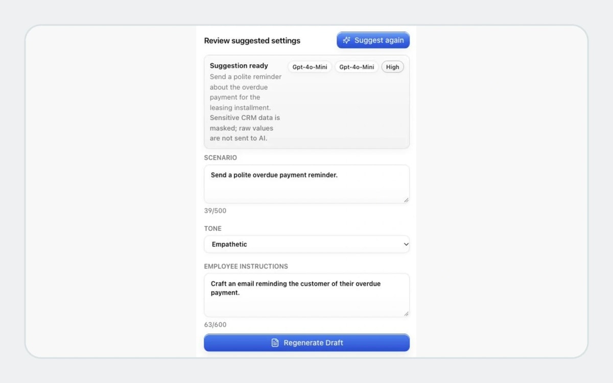 CRM Email Assistant suggested scenario, tone and instructions with the Regenerate Draft button