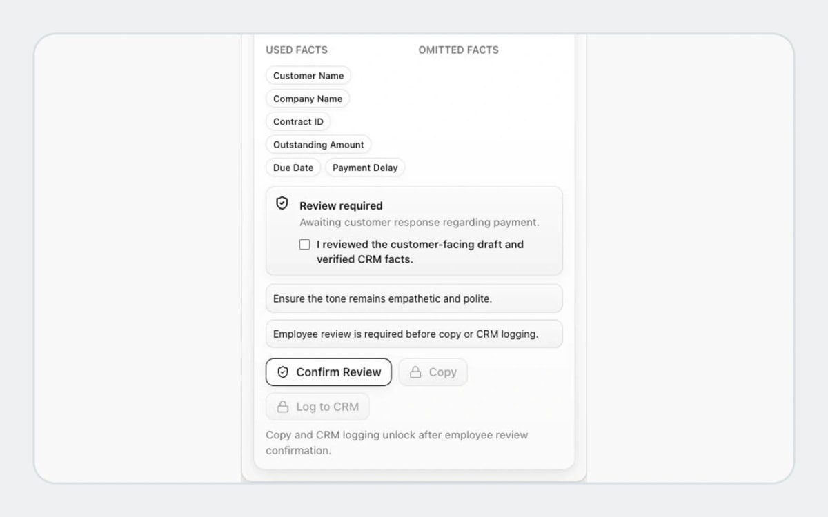 CRM Email Assistant review checkbox with Copy and Log to CRM controls locked