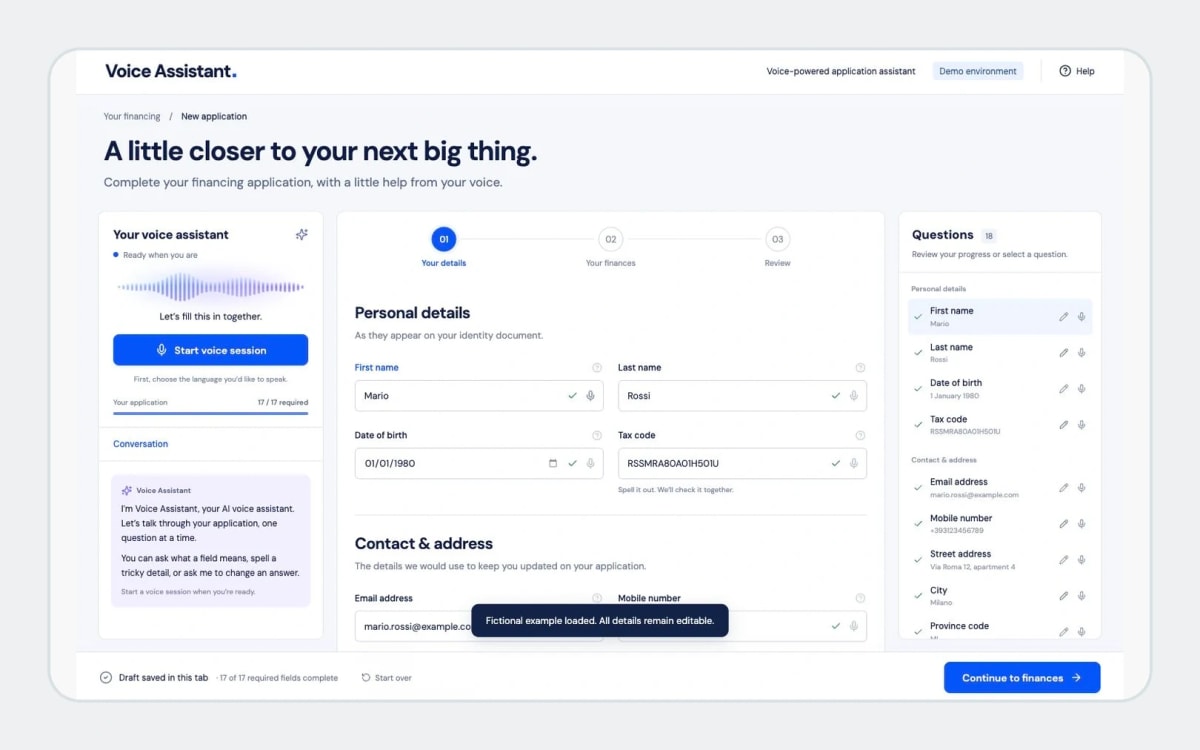 Voice Assistant editable form with question navigation and fictional example details