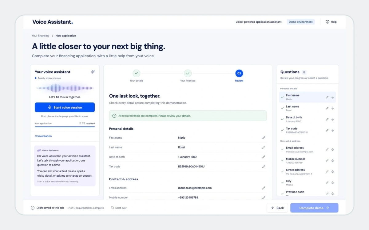 Voice Assistant review screen with the built-in fictional example