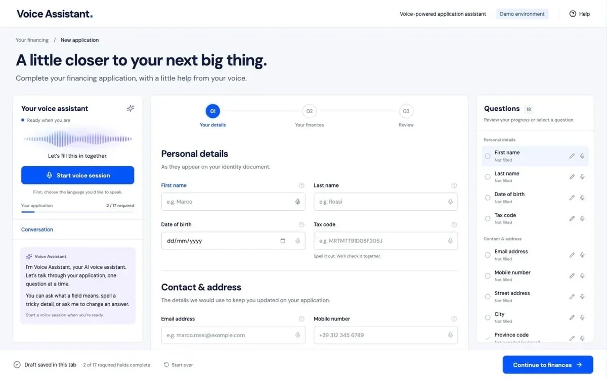 A voice assistant beside financing application fields with individual dictation controls