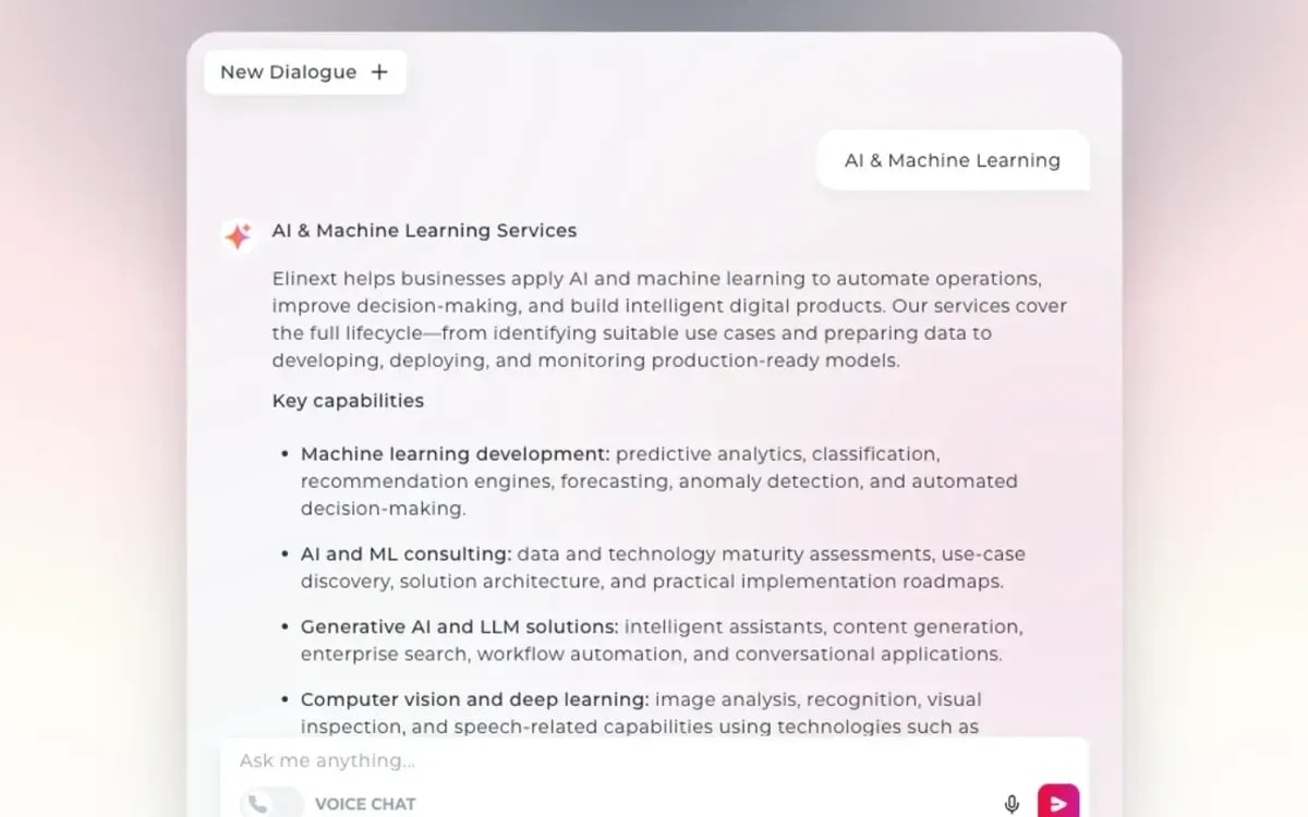 Corporate Knowledge Assistant: a chat window with an AI services answer, conversation controls and message input