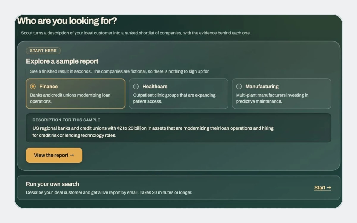 Scout industry samples and the Finance customer profile on the Describe screen