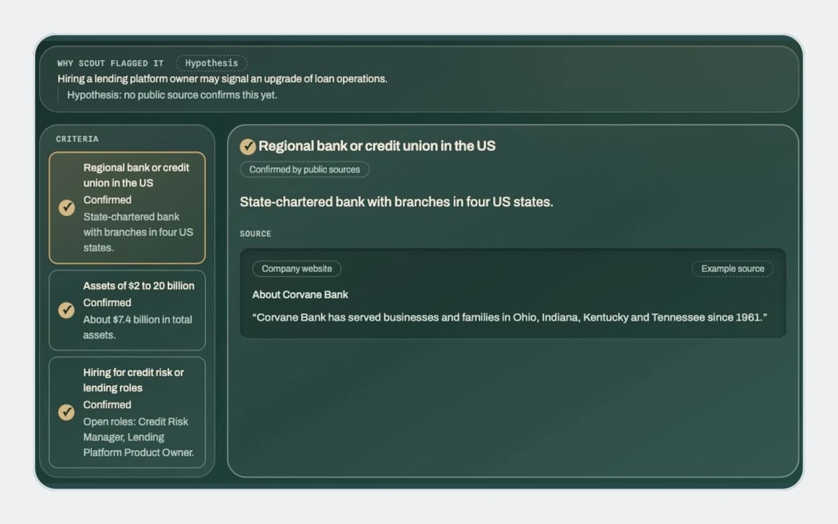 Scout Verify screen showing a confirmed banking criterion and its example source for Corvane Bank