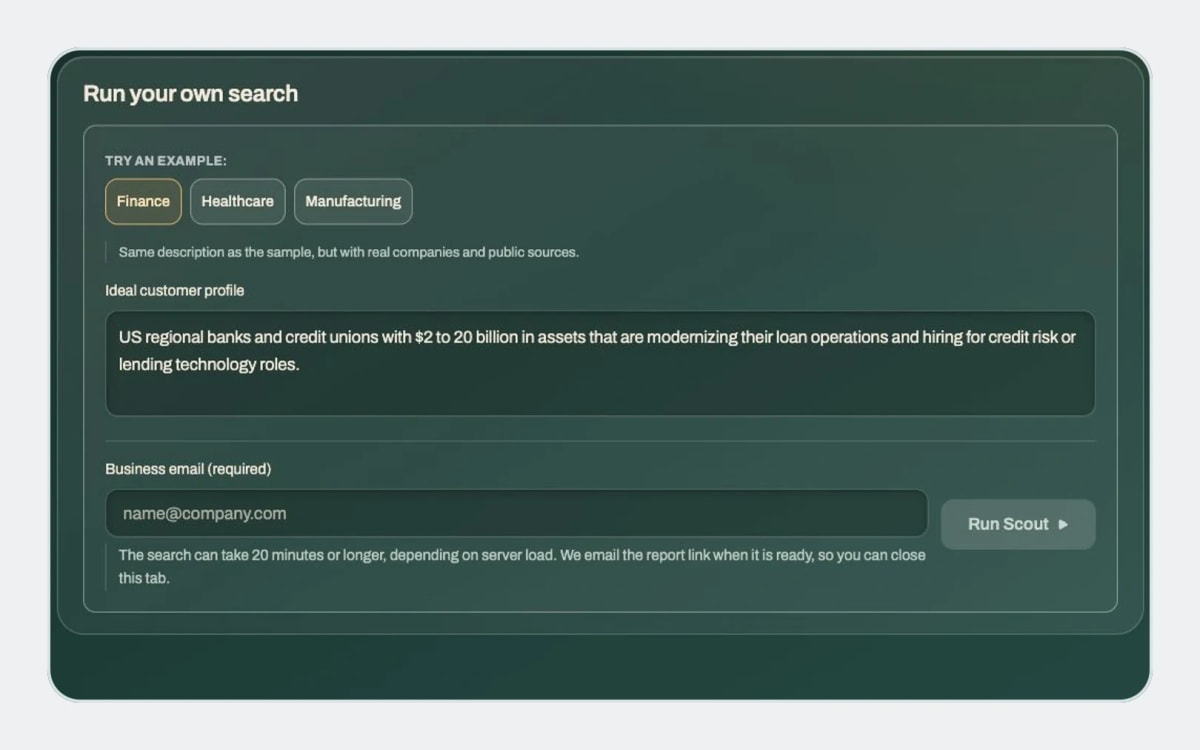 Scout custom search form with a business email field and an explanation of report delivery